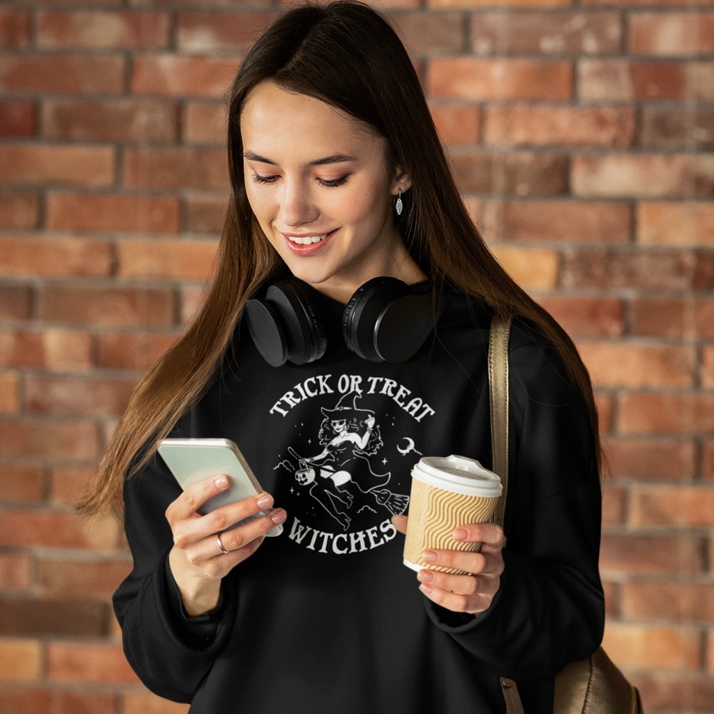Trick Or Treat Witches Flying Broom Halloween Women’s Black Hoodie NWT